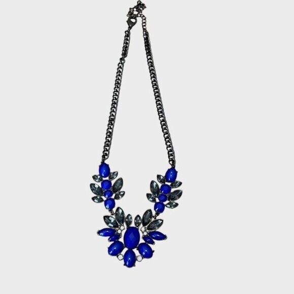 Womens Embellished Crystal Gemstone Clasp Chain Statement Necklace Blue Cobalt G - Picture 1 of 7